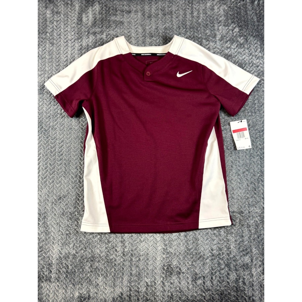 Nike Team Vapor One Button Baseball Jersey Boys Large Maroon Henley Neck Swoosh